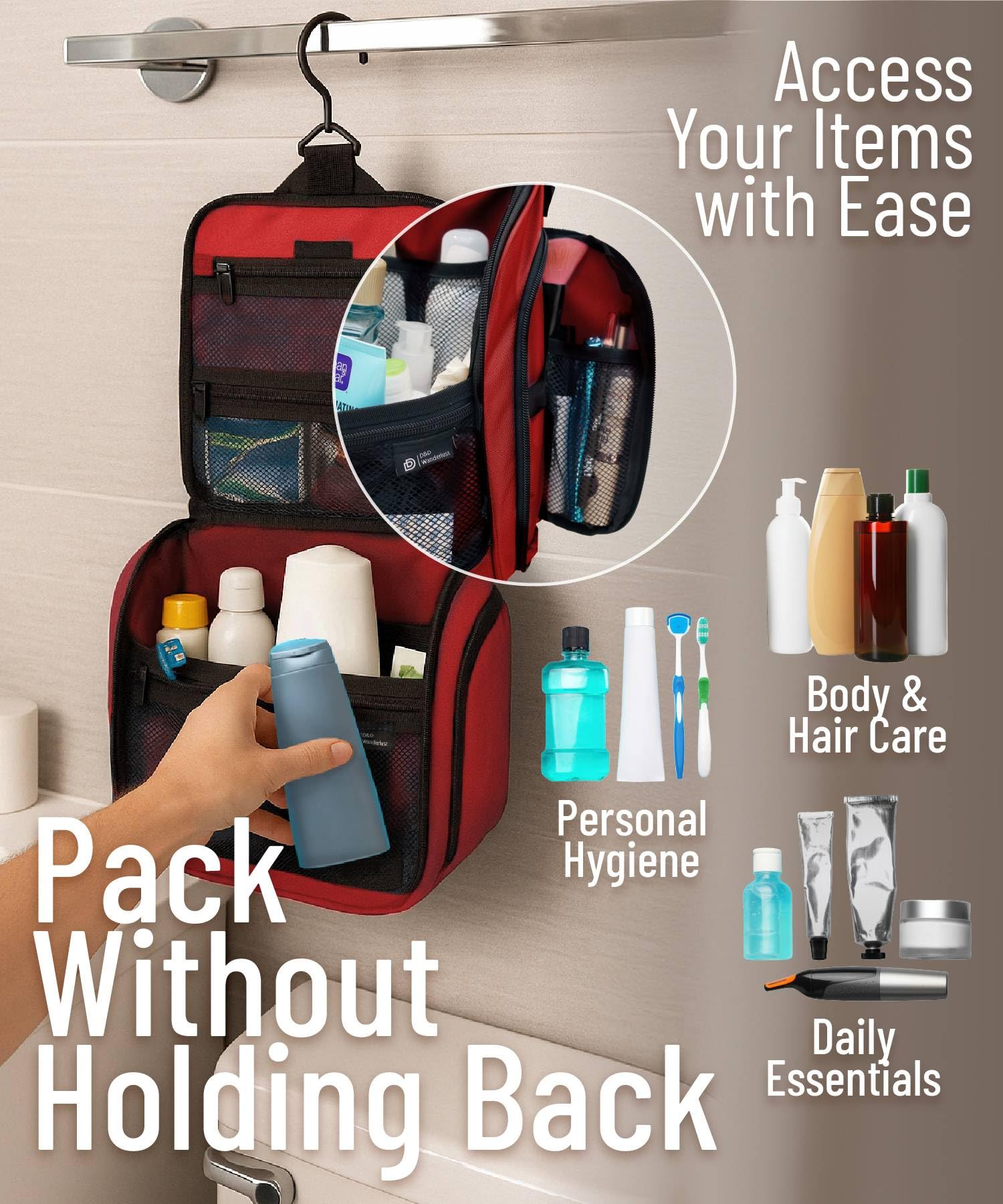 DD D&D Wanderlust interior pockets help keep cosmetics organized and upright.