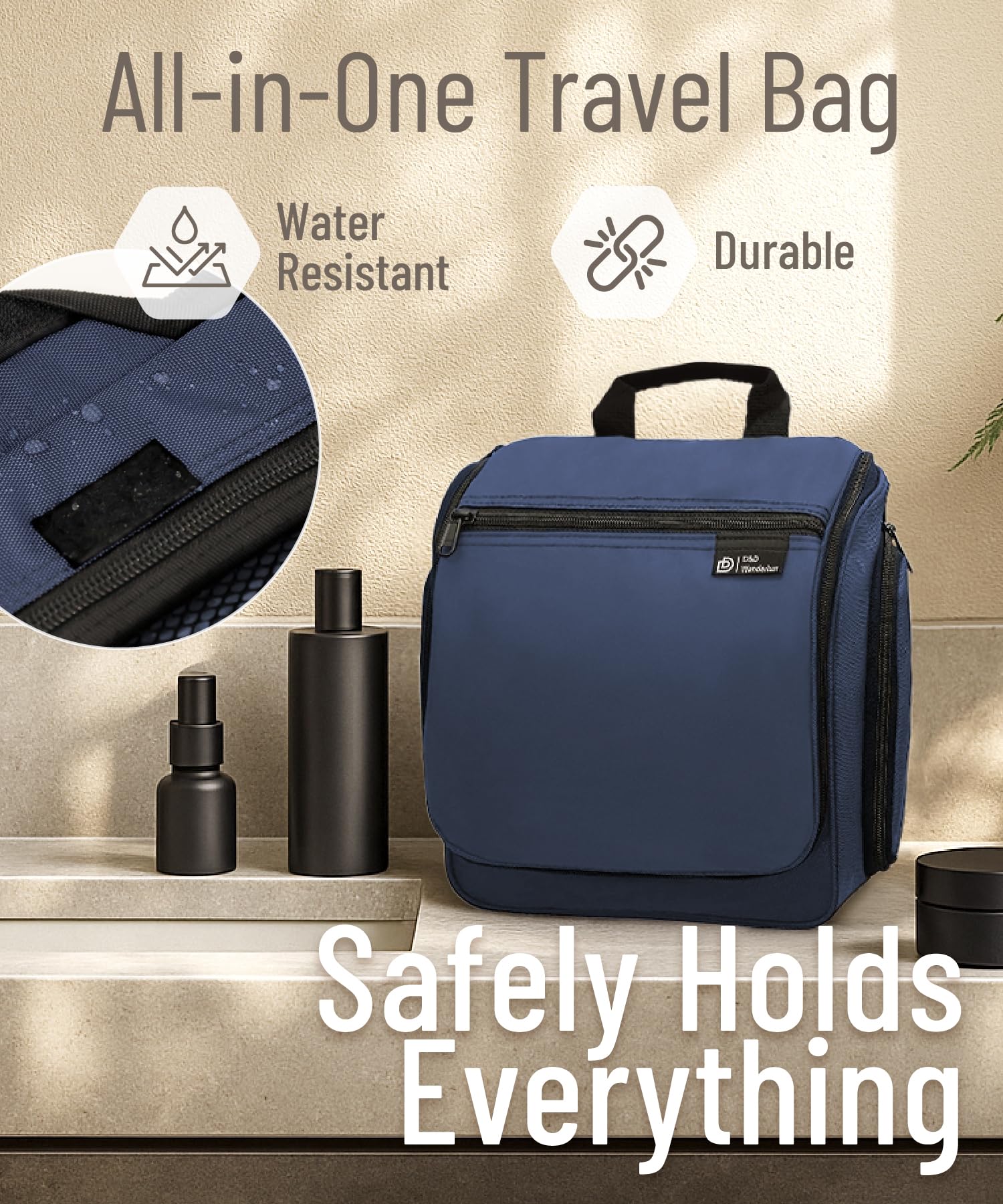 DD D&D Wanderlust bag measures 10x10x4 inches for full-size bottles during travel.