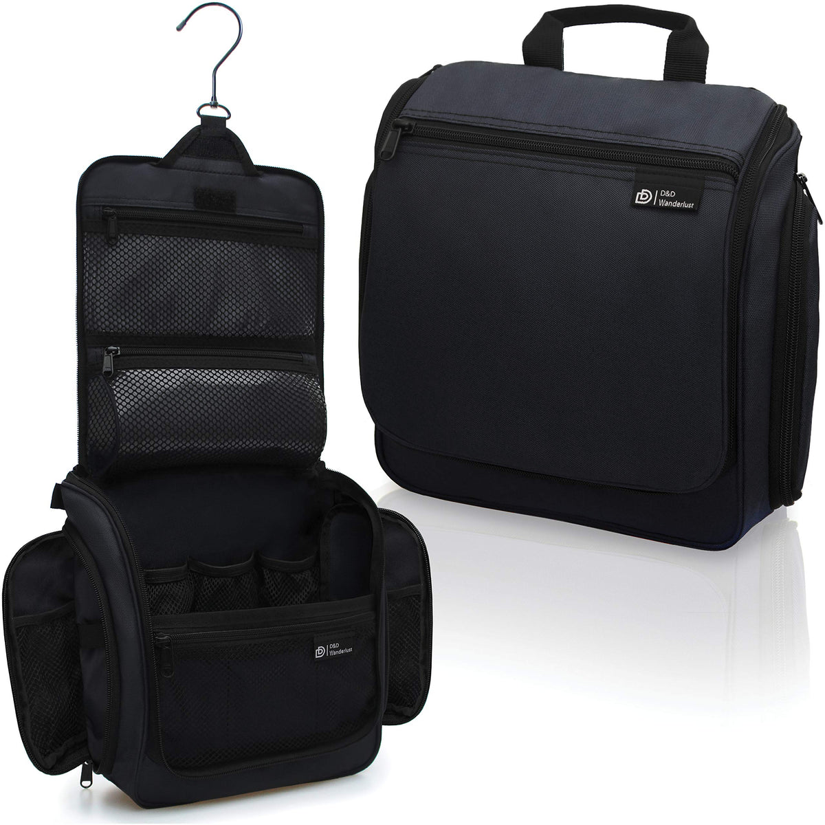 DD D&D Wanderlust hanging travel toiletry bag shows organized compartments for quick access.