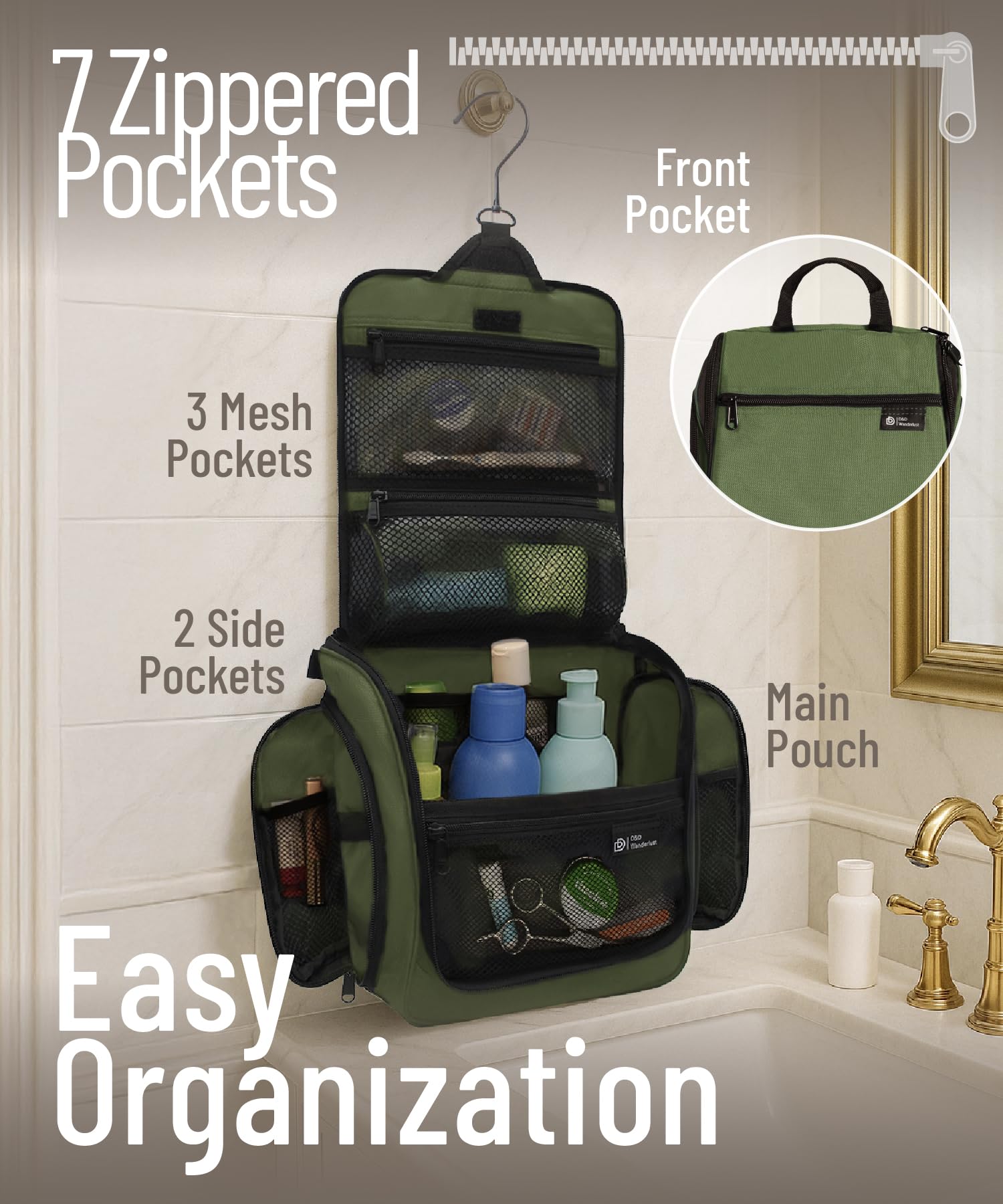DD D&D Wanderlust large hook design demonstrates convenient hanging in hotel bathrooms.