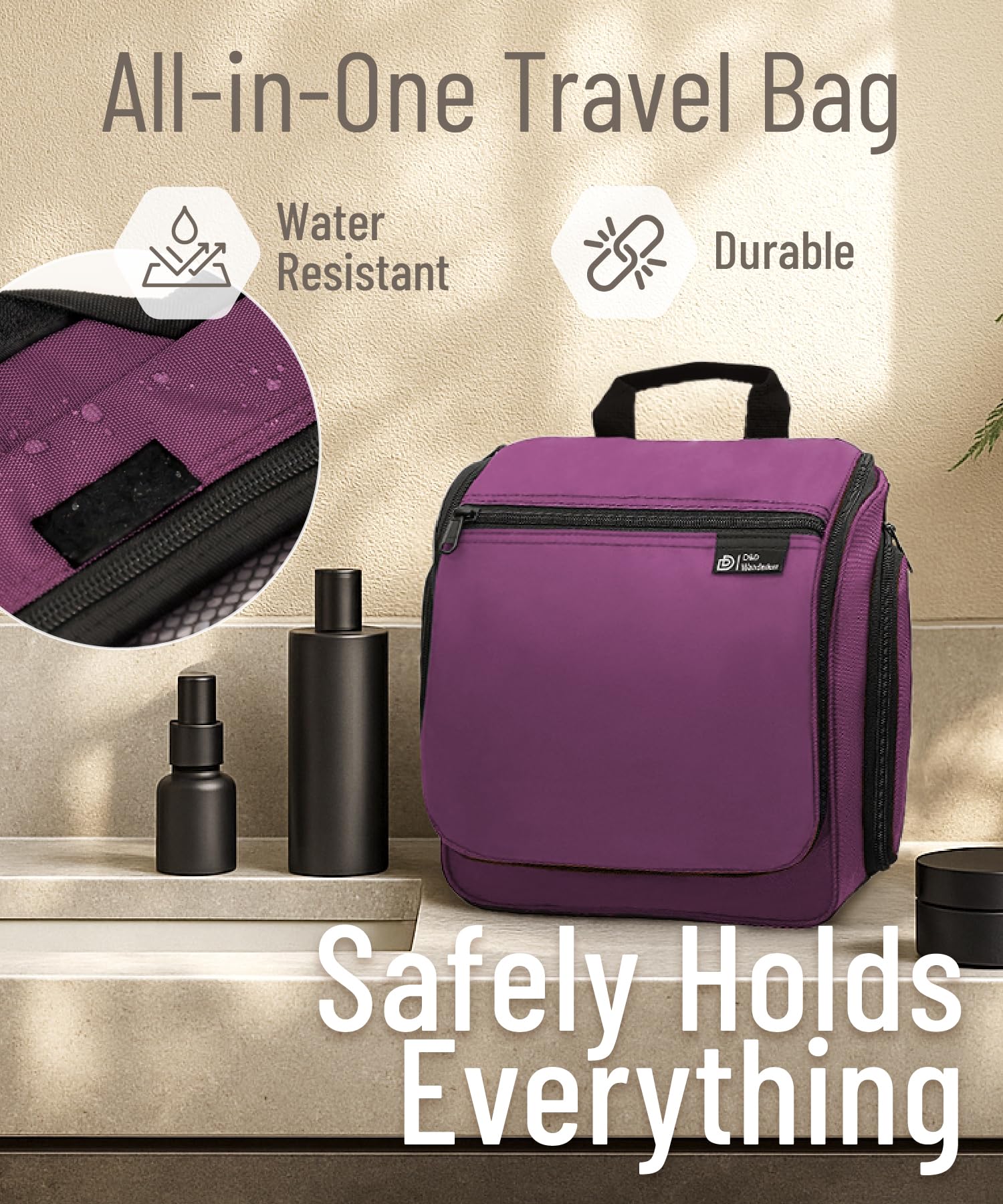 DD D&D Wanderlust bag in hotel bathroom scene communicates travel-ready organization.
