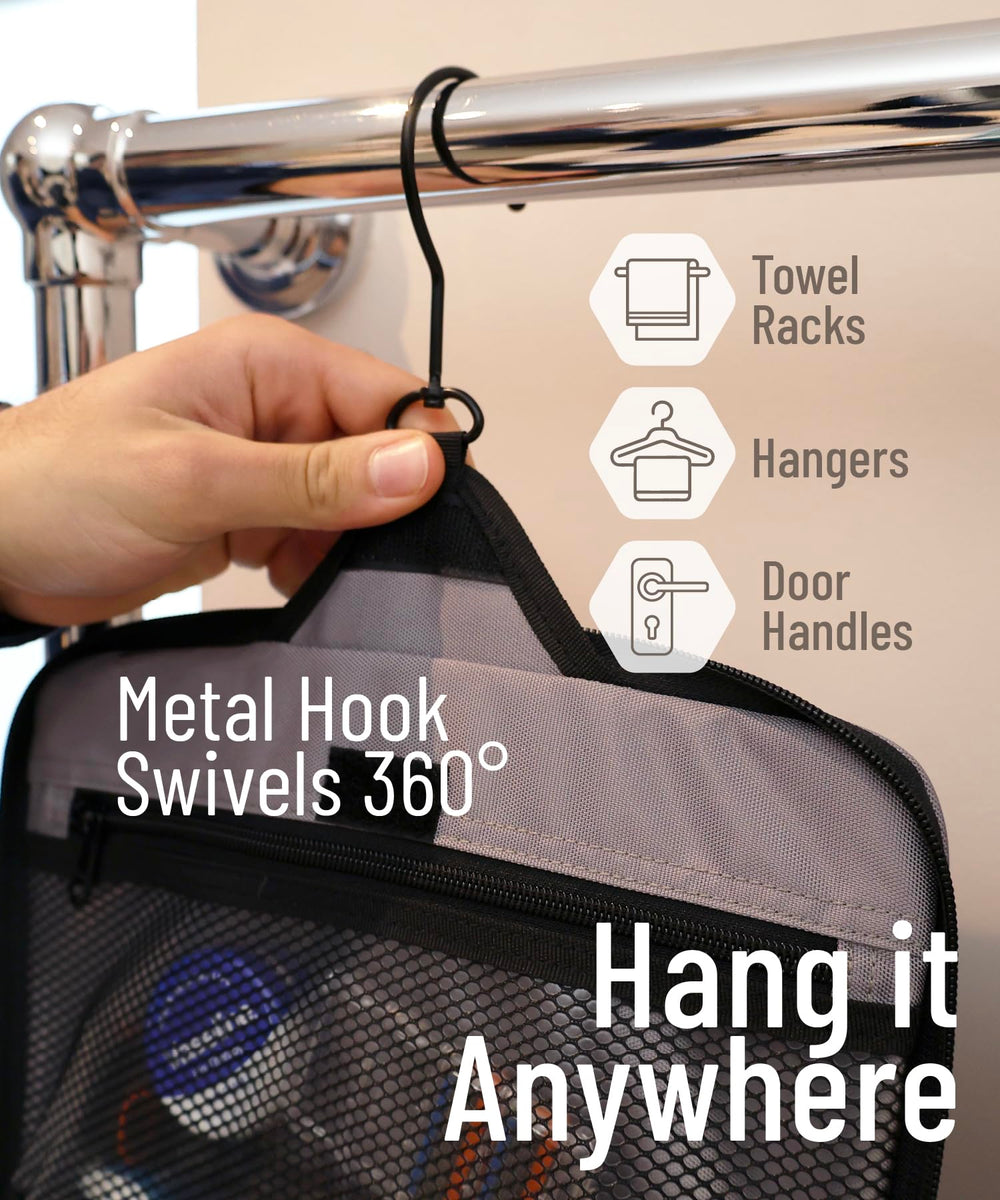 DD D&D Wanderlust toiletry bag hanging-in-bathroom in hotel setup