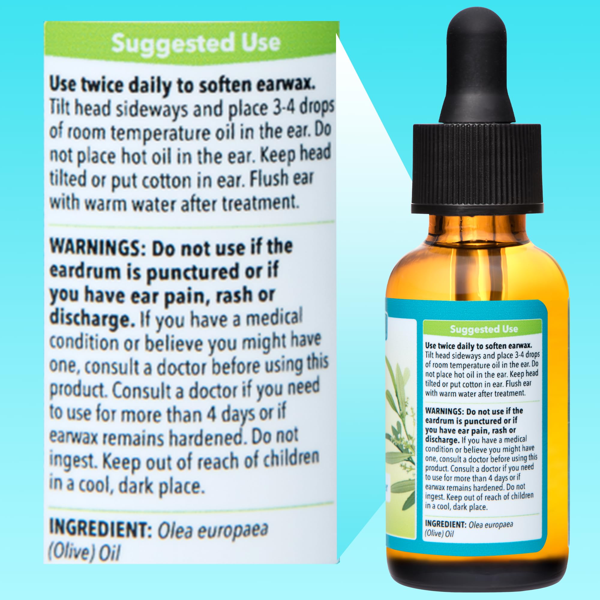De La Cruz ear oil bottle on counter, USA-made.