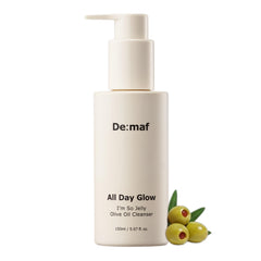 De:maf All Day Glow jelly cleanser bottle shows gentle makeup removal for sensitive skin.