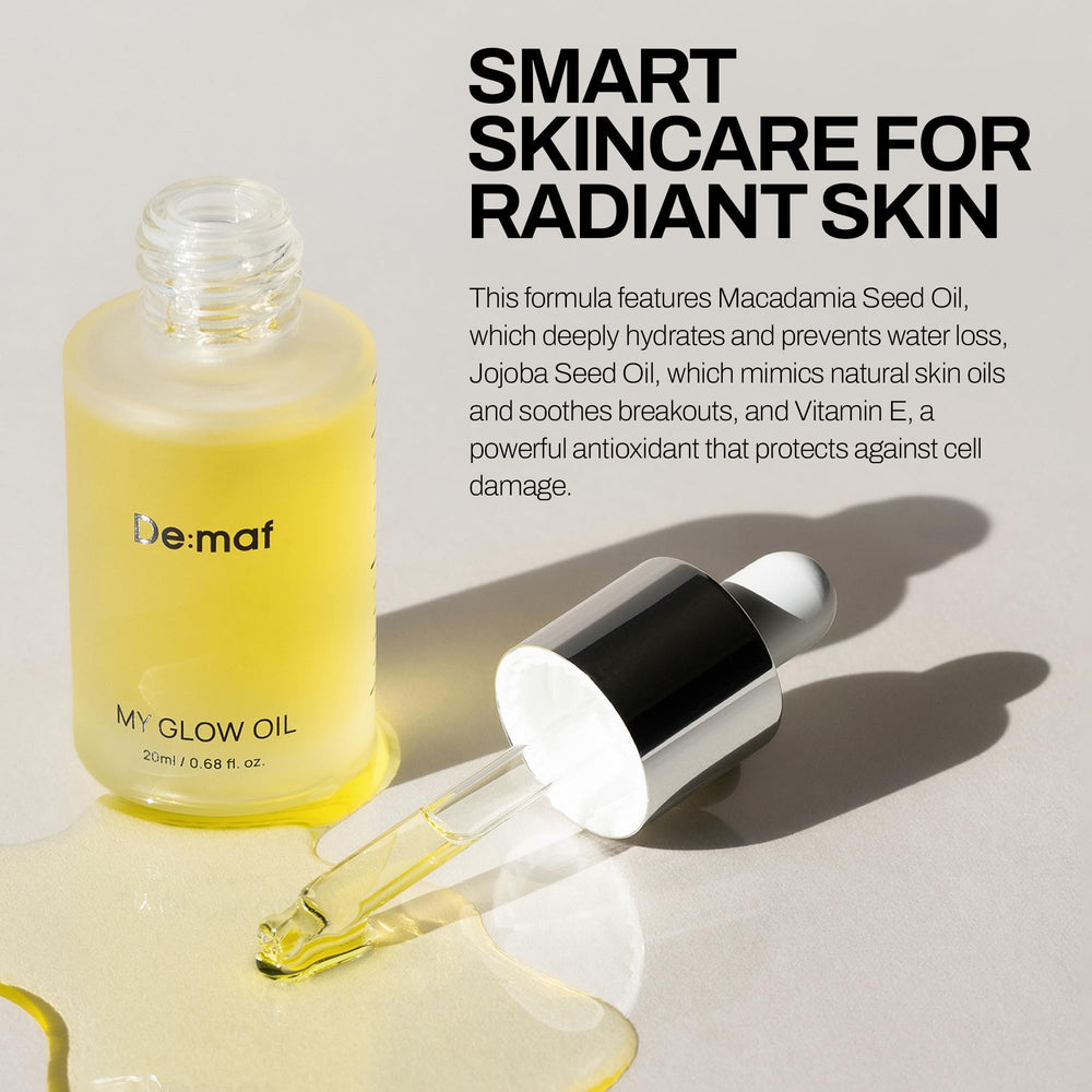 Dropper tip releasing oil for targeted eye or cheek hydration with De:maf My Glow Oil.