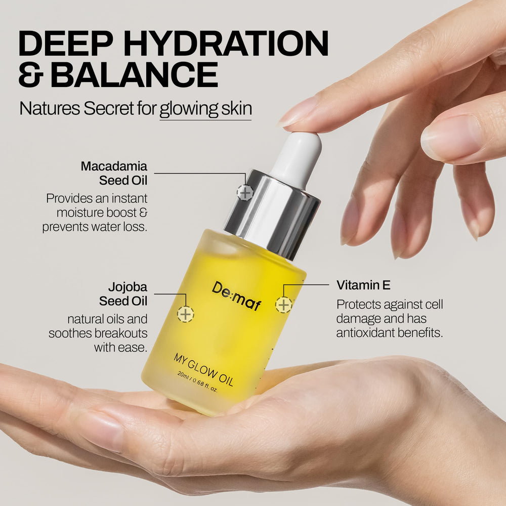 De:maf My Glow Oil pump bottle highlights quick hydration for dry and dehydrated skin.