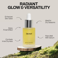 De:maf My Glow Oil texture close-up reveals silky, fast-absorbing hydration for daily use.