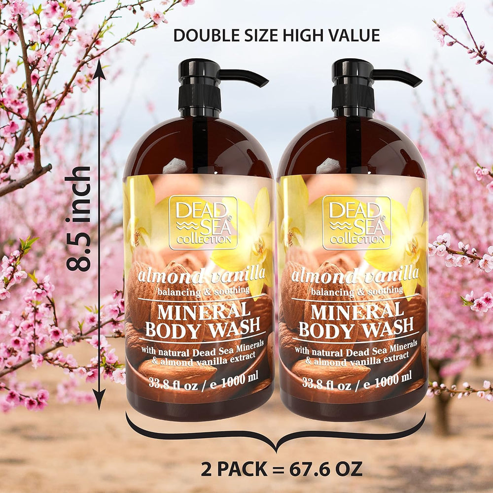 Dead Sea Collection Almond Vanilla Body Wash label close-up mentioning paraben-free formula