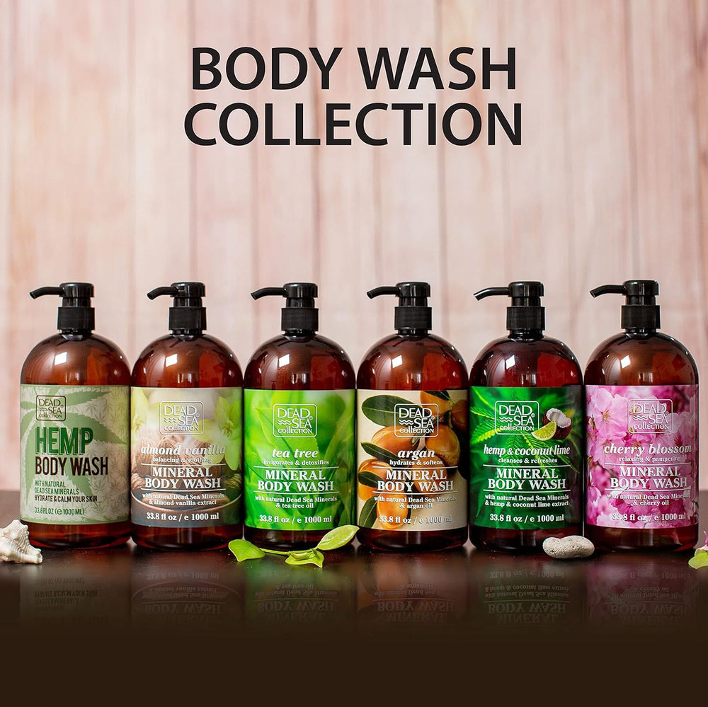 Dead Sea Collection Almond Vanilla bottle on shelf emphasizes mineral benefits