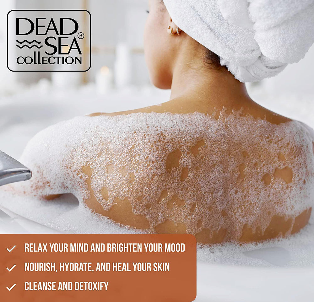 Dead Sea Collection bubble bath foam detail emphasizes long-lasting aromatic scent.