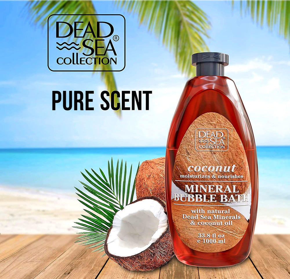 Dead Sea Collection coconut bubble bath label closeup highlights minerals and coconut oil.
