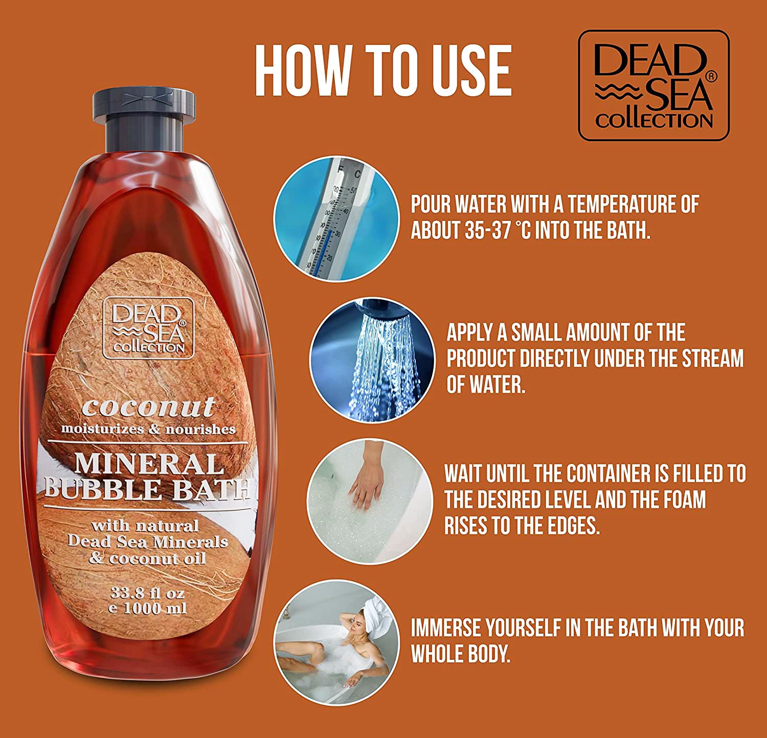 Dead Sea Collection coconut bubble bath packaging box shows two-bottle set.