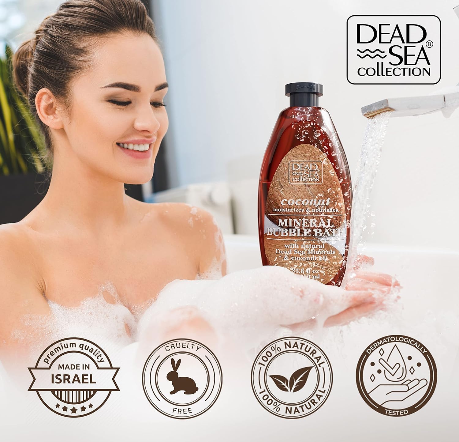 Dead Sea Collection coconut bubble bath spa setup with towels and candles.