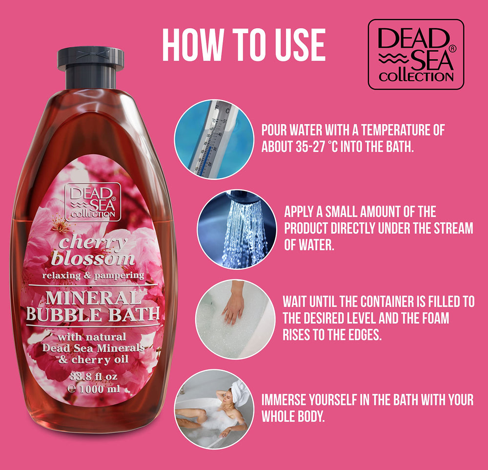 Dead Sea Collection bubble bath label close-up shows natural ingredients and moisturizing care