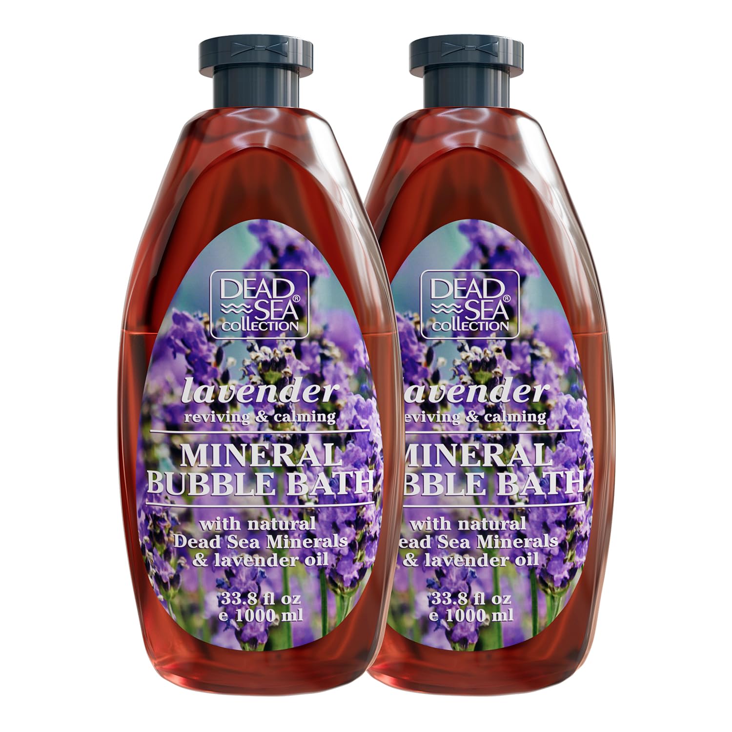 Dead Sea Collection lavender two-pack bottle setup for home spa relaxation.