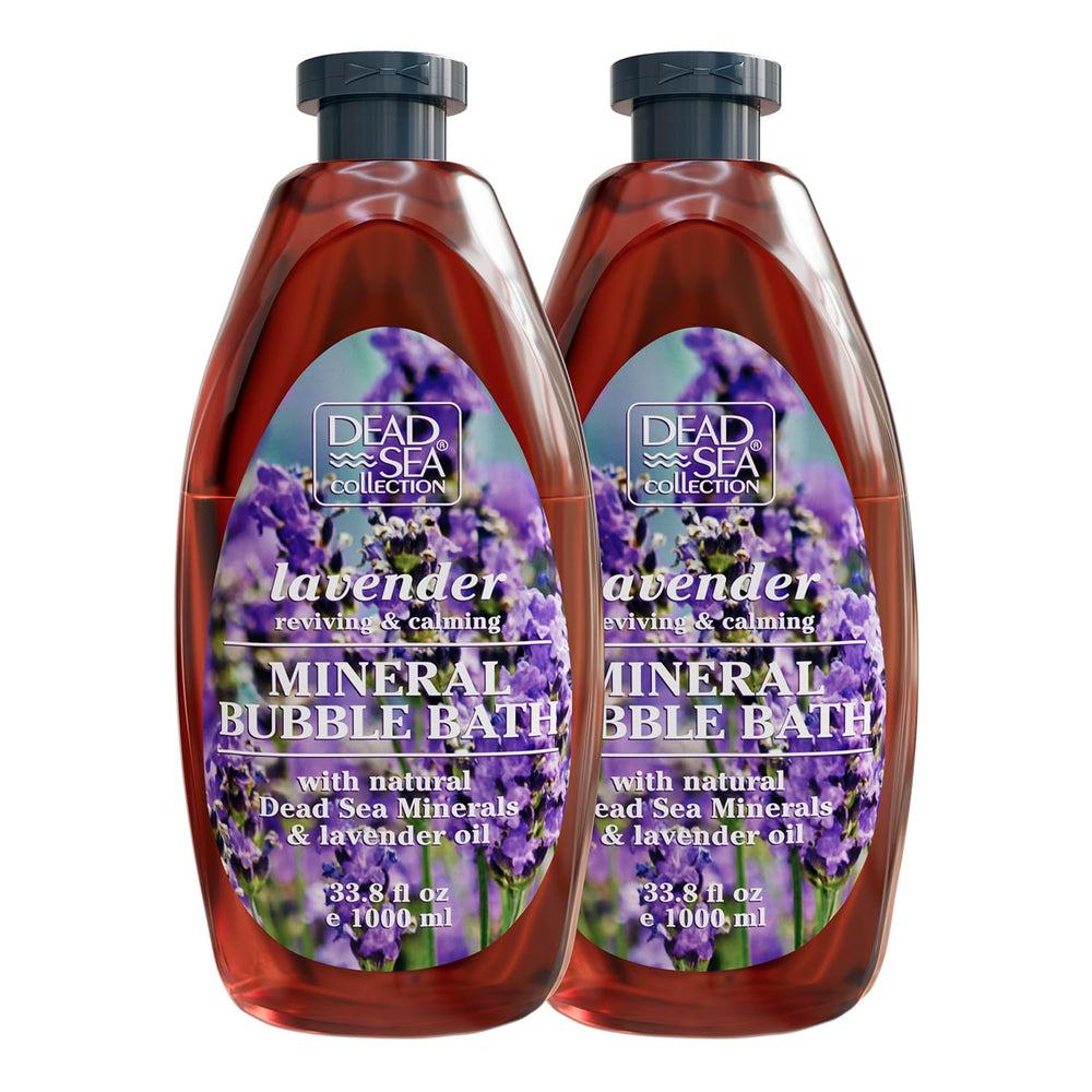 Dead Sea Collection lavender two-pack bottle setup for home spa relaxation.