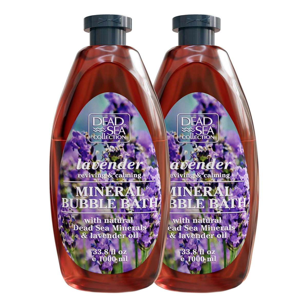 Dead Sea Collection lavender two-pack bottle setup for home spa relaxation.
