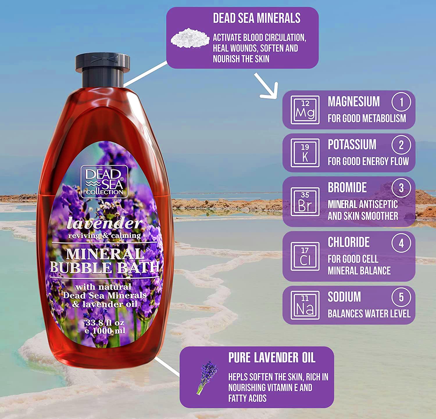 Dead Sea Collection lavender bubble bath foam closeup showing rich lather and soothing scent.