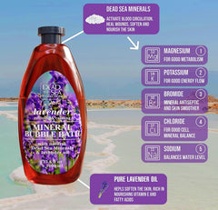 Dead Sea Collection lavender bubble bath foam closeup showing rich lather and soothing scent.
