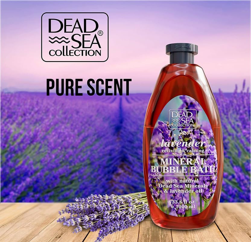 Dead Sea Collection lavender oil drops highlight premium minerals for skin nourishment.