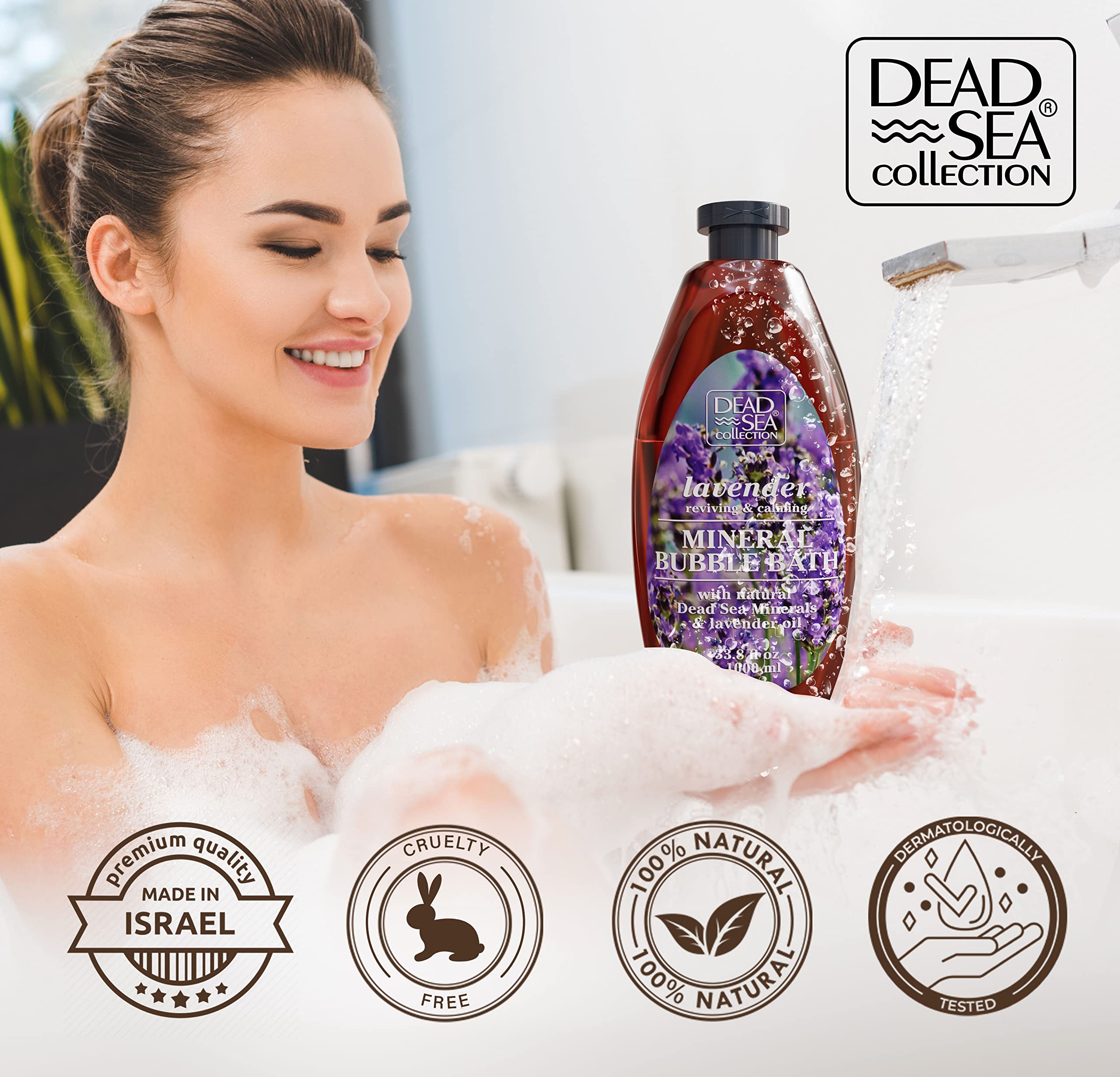 Dead Sea Collection bubble bath pour and suds capture relaxing cleansing and long-lasting aroma.