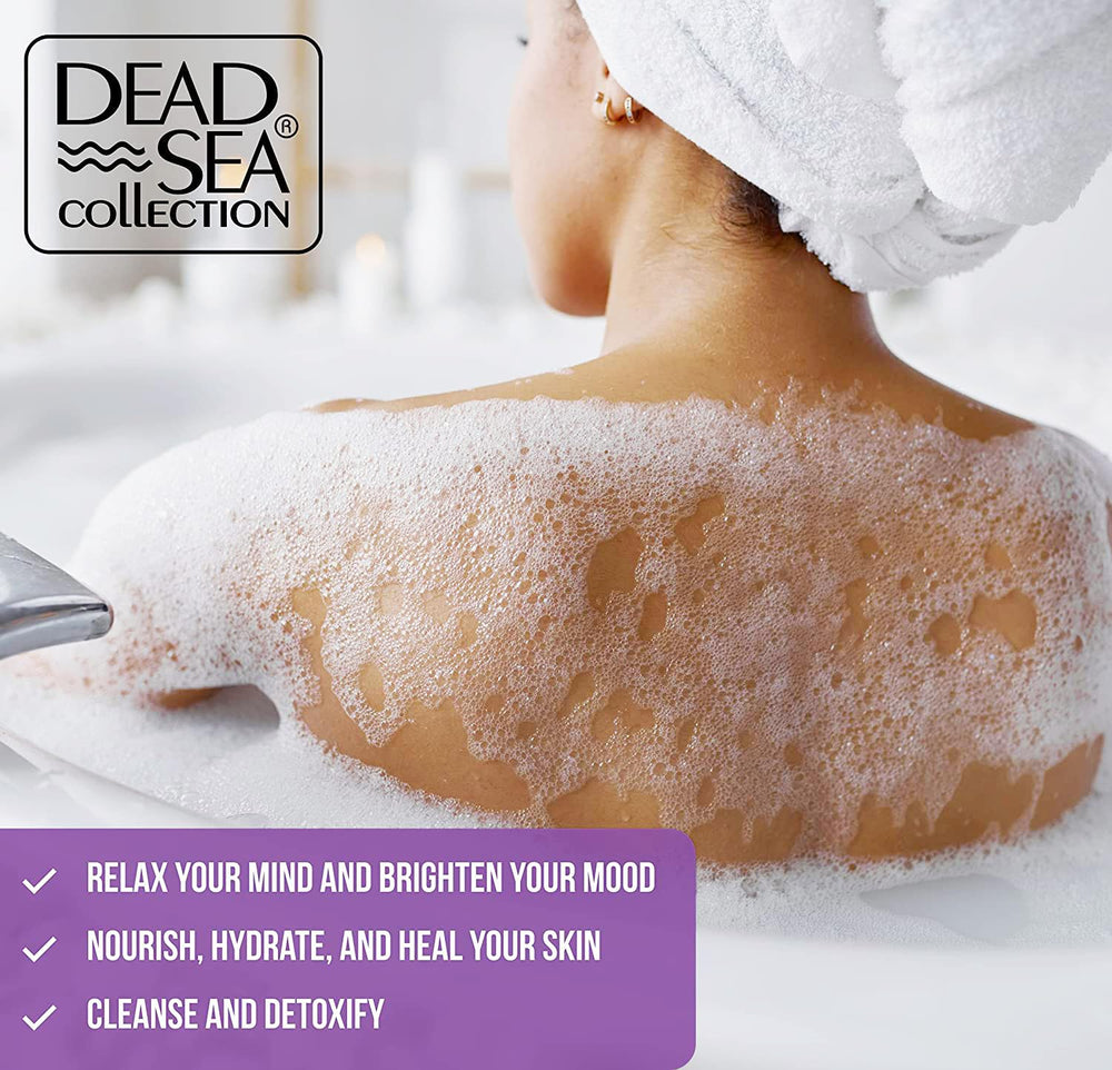 Dead Sea Collection bubble bath spa setup evokes at-home aromatherapy and pampering rituals.