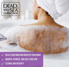 Dead Sea Collection bubble bath spa setup evokes at-home aromatherapy and pampering rituals.