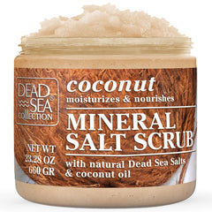 Dead Sea Collection Coconut Salt Scrub jar closeup showing rich exfoliating texture for hydration