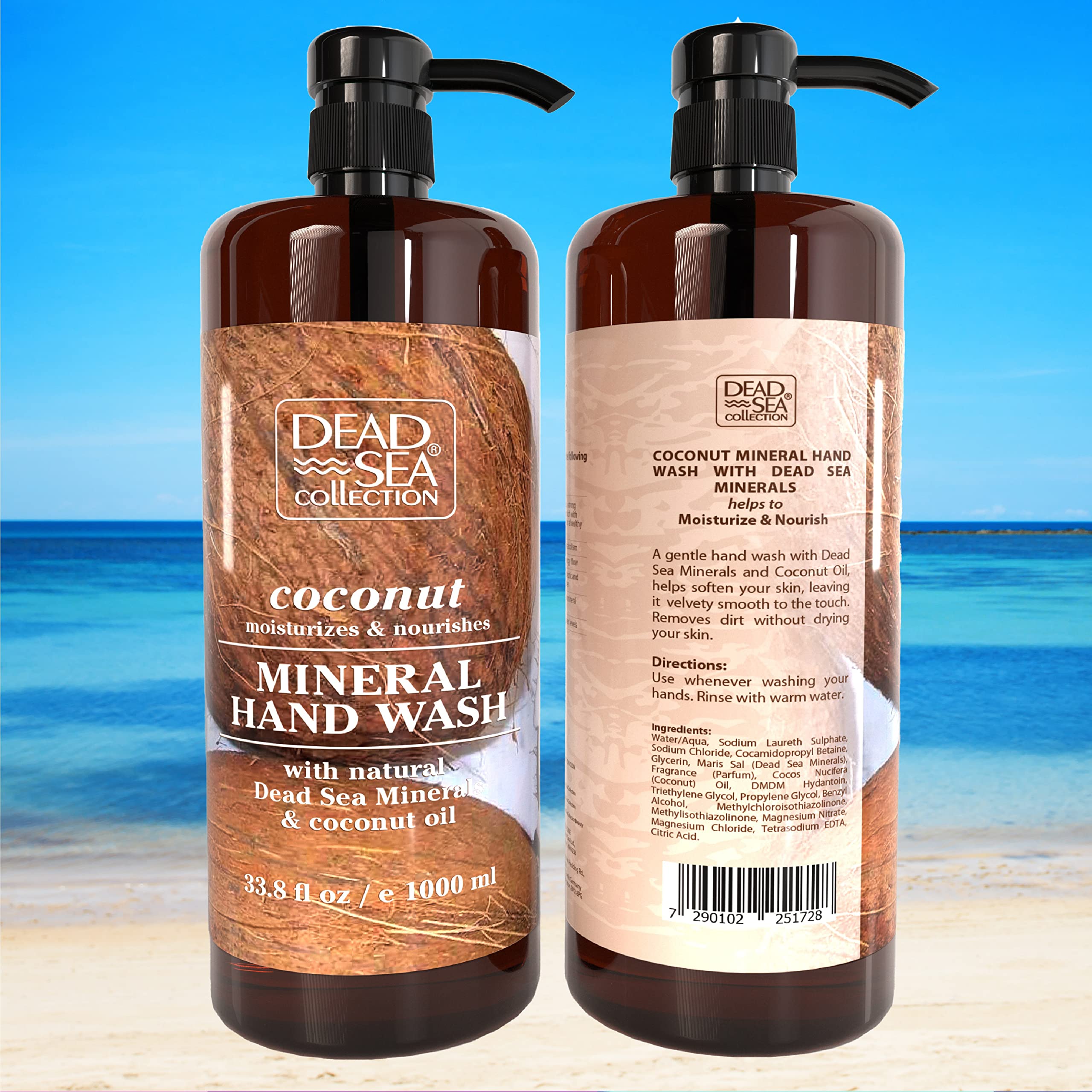 Dead Sea Collection hand soap coconut—bottle cap and seal indicating product integrity.