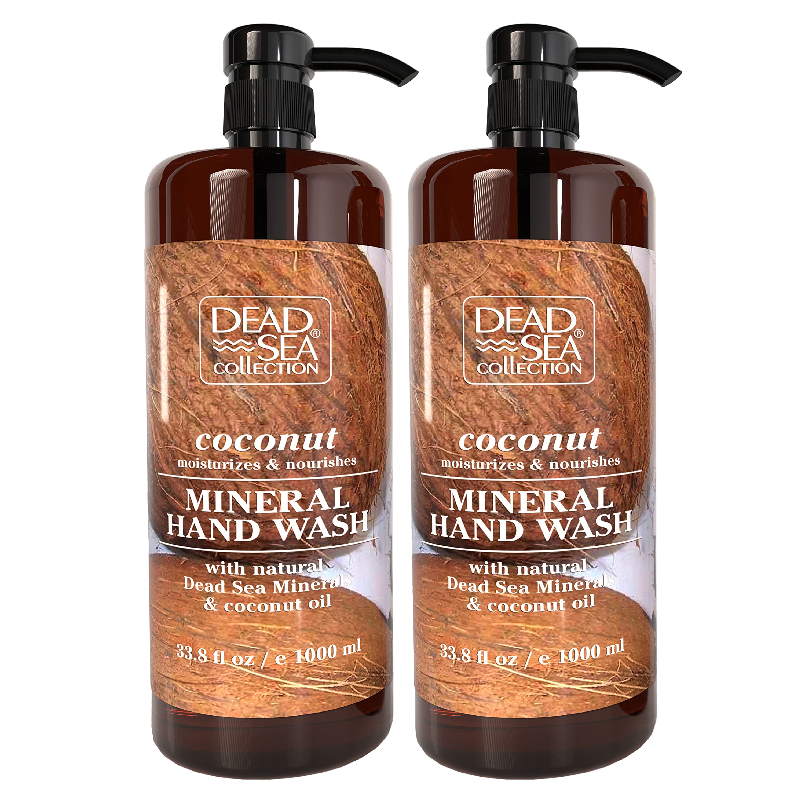 Dead Sea Collection hand soap coconut—front bottle display, two-pack set promoting moisturizing cleansing.