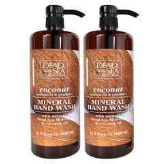 Dead Sea Collection hand soap coconut—front bottle display, two-pack set promoting moisturizing cleansing.