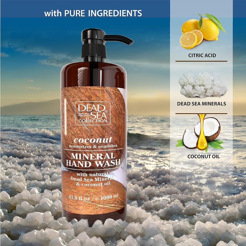 Dead Sea Collection hand soap coconut—side label view, rich minerals combine with coconut oil nourishment.