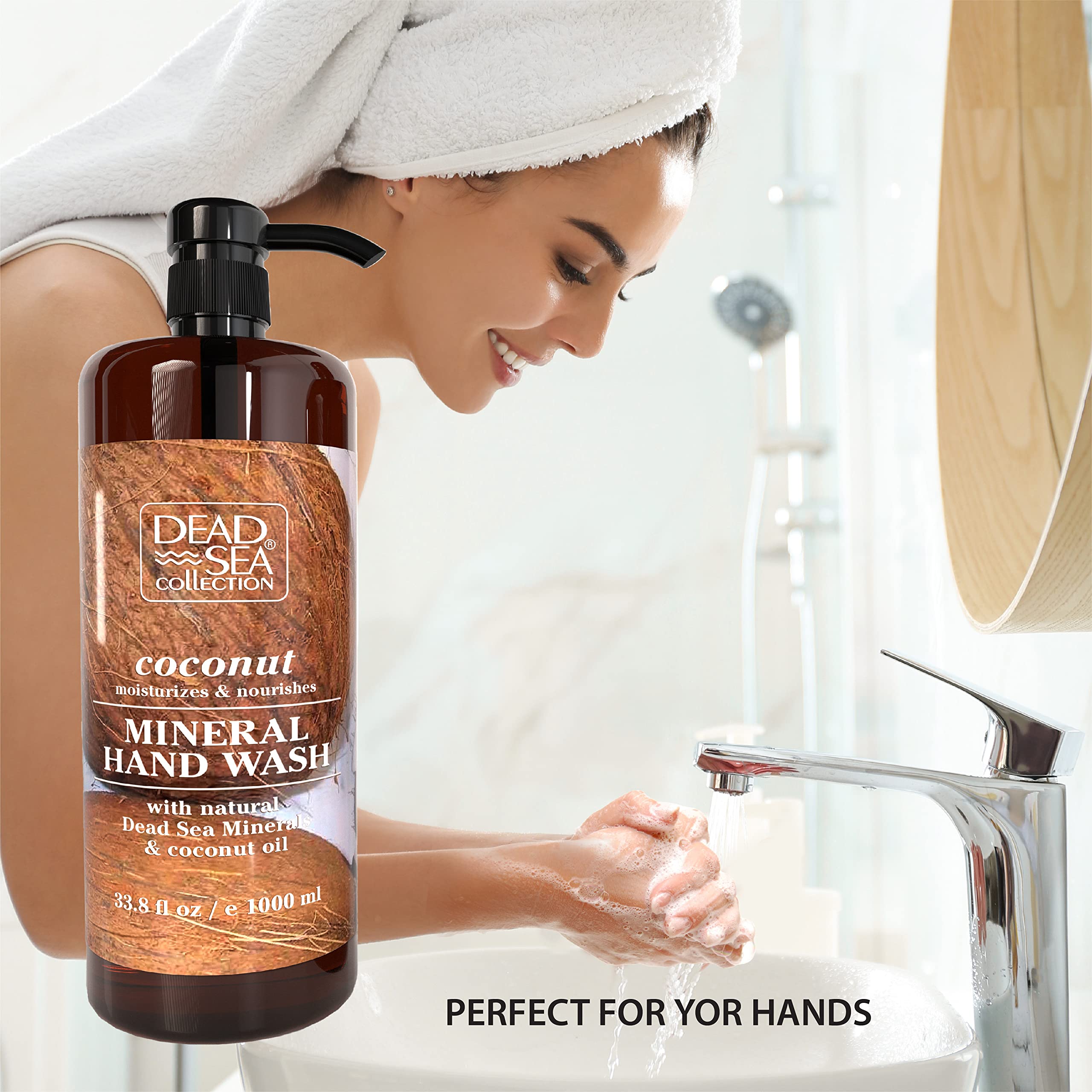 Dead Sea Collection hand soap coconut—dispenser close-up, easy one-hand pump for controlled use.
