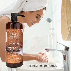 Dead Sea Collection hand soap coconut—dispenser close-up, easy one-hand pump for controlled use.