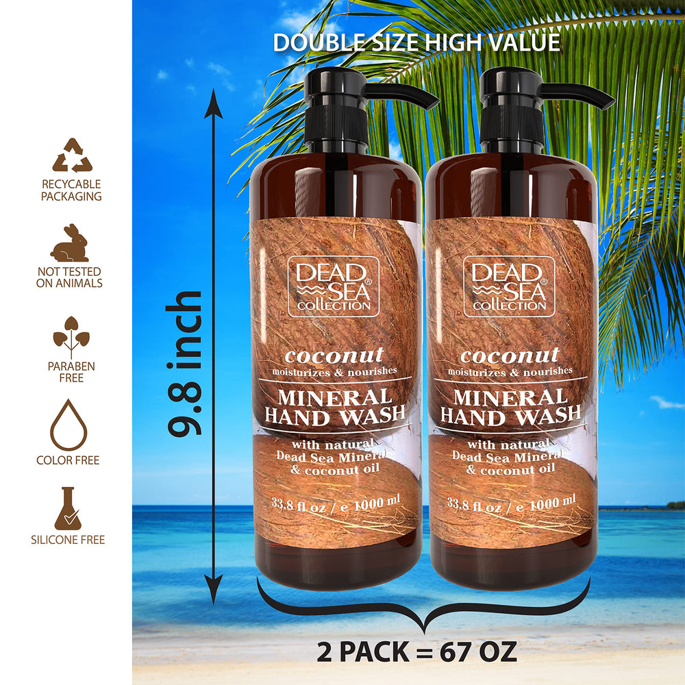 Dead Sea Collection hand soap coconut—packaging box showcasing value with dual 33.8 oz bottles.