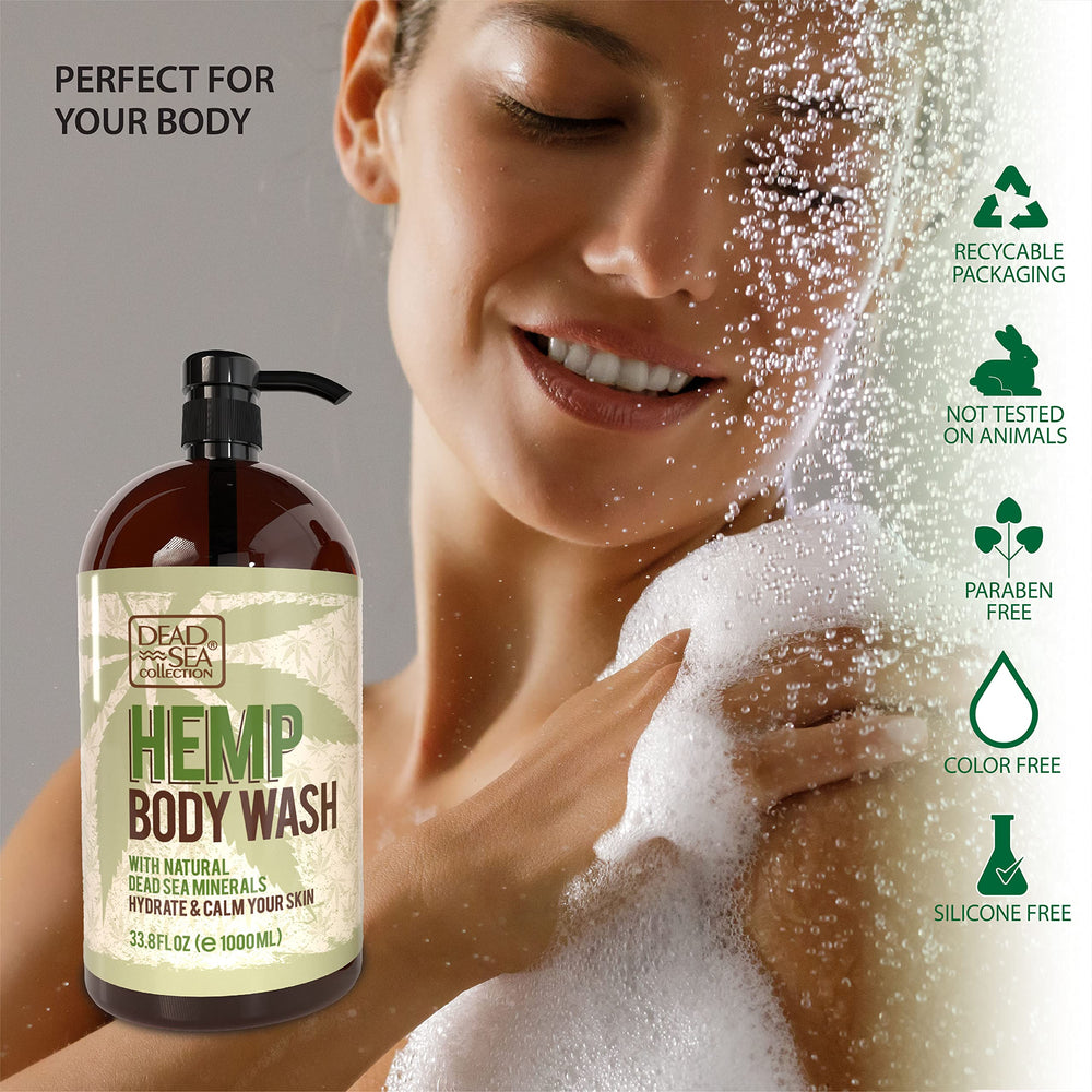 Dead Sea Collection Hemp Body Wash pump provides easy one-hand dispensing for quick showers