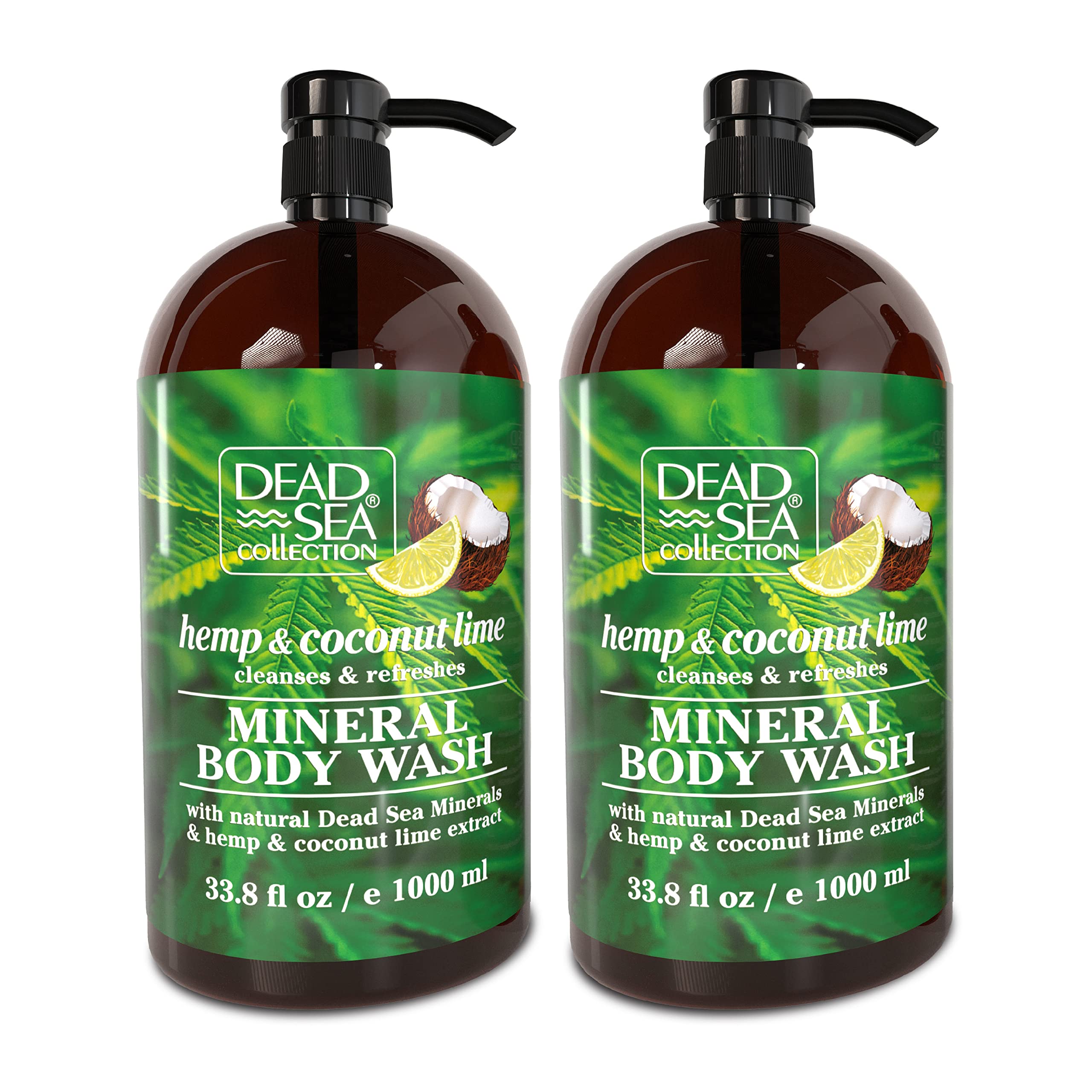 Dead Sea Collection hemp coconut lime body wash bottle front shows mineral-rich formula for nourished skin.