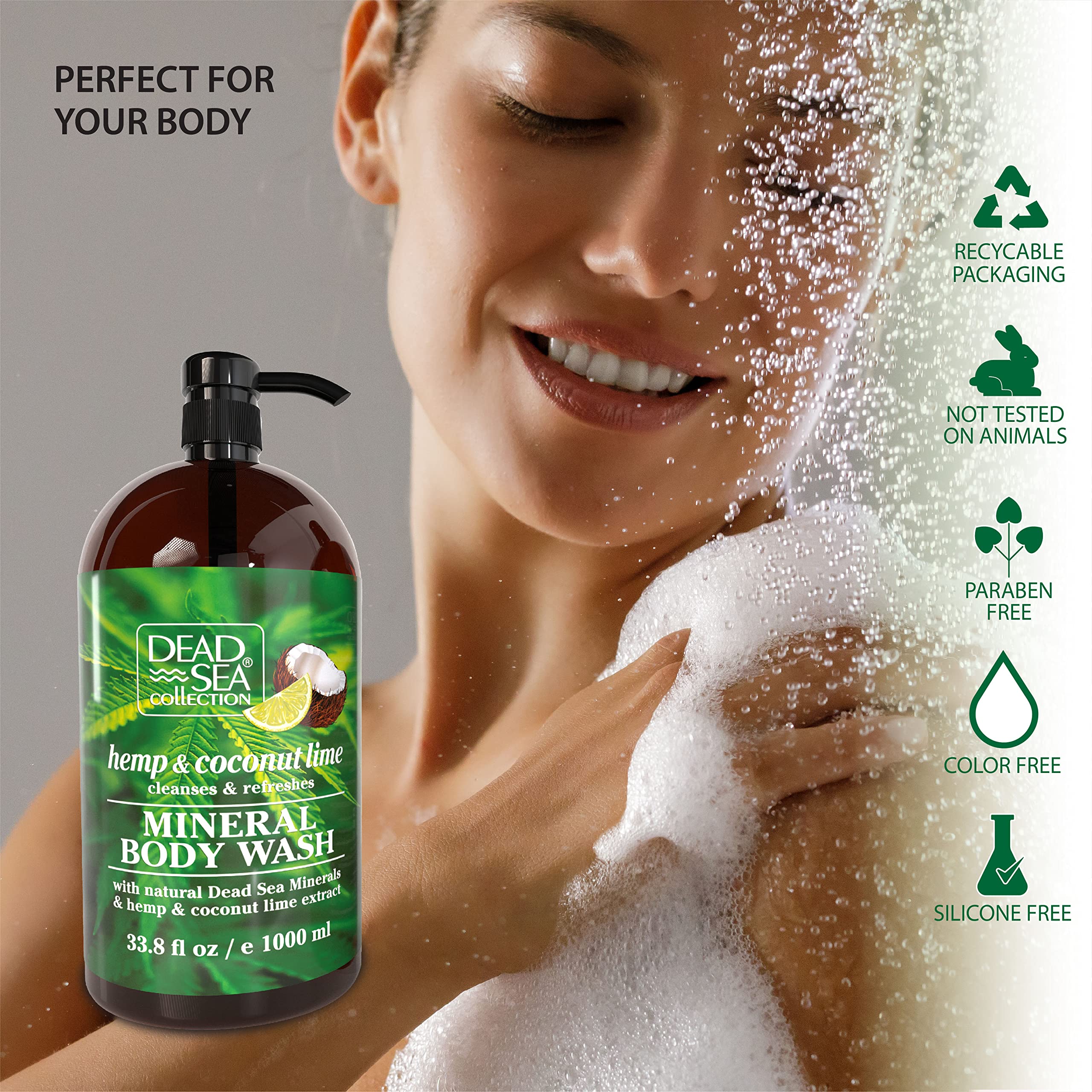 Dead Sea Collection pump-dispense image highlights easy, controlled use during shower routines.