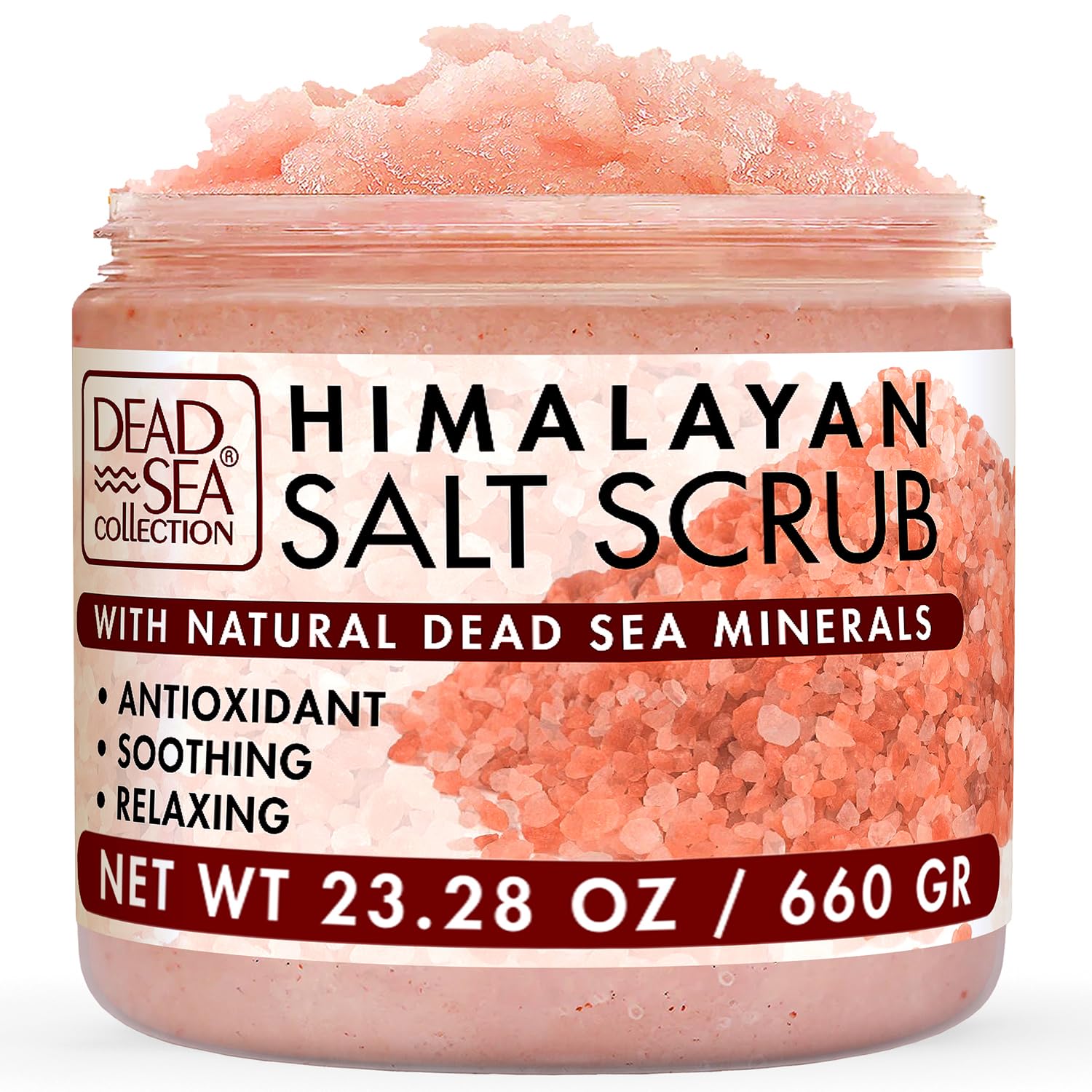 Dead Sea Collection Himalayan Salt Scrub jar closeup showing rich minerals for smooth skin.
