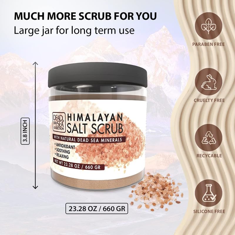 Dead Sea Collection Himalayan Salt Scrub natural oils swirl on surface for nourishing feel.