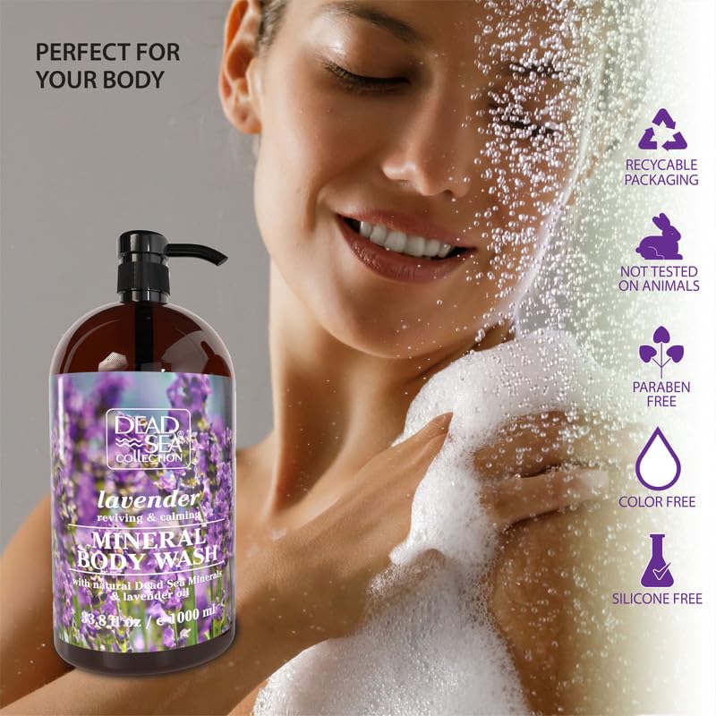 Dead Sea Collection Lavender Body Wash pump closeup showing easy one-hand dispensing