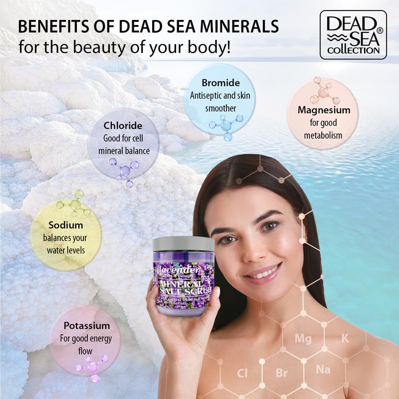 Dead Sea Collection Lavender Salt Scrub lavender-rich aroma resting on skin during routine.