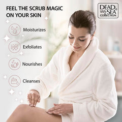 Dead Sea Collection Lavender Salt Scrub bottle pouring oil-rich formula for hydration.