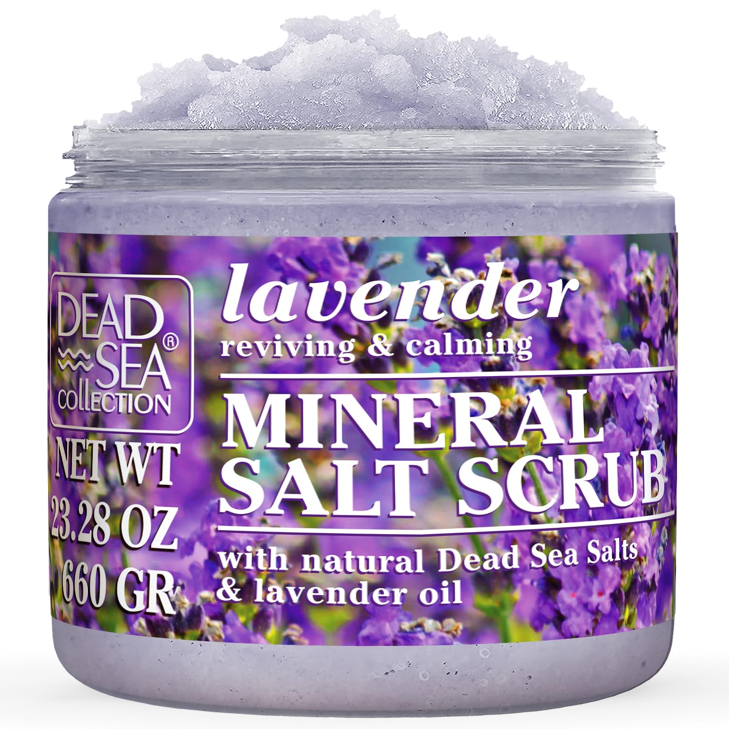 Dead Sea Collection Lavender Salt Scrub jar close-up for luxurious texture and hydration.