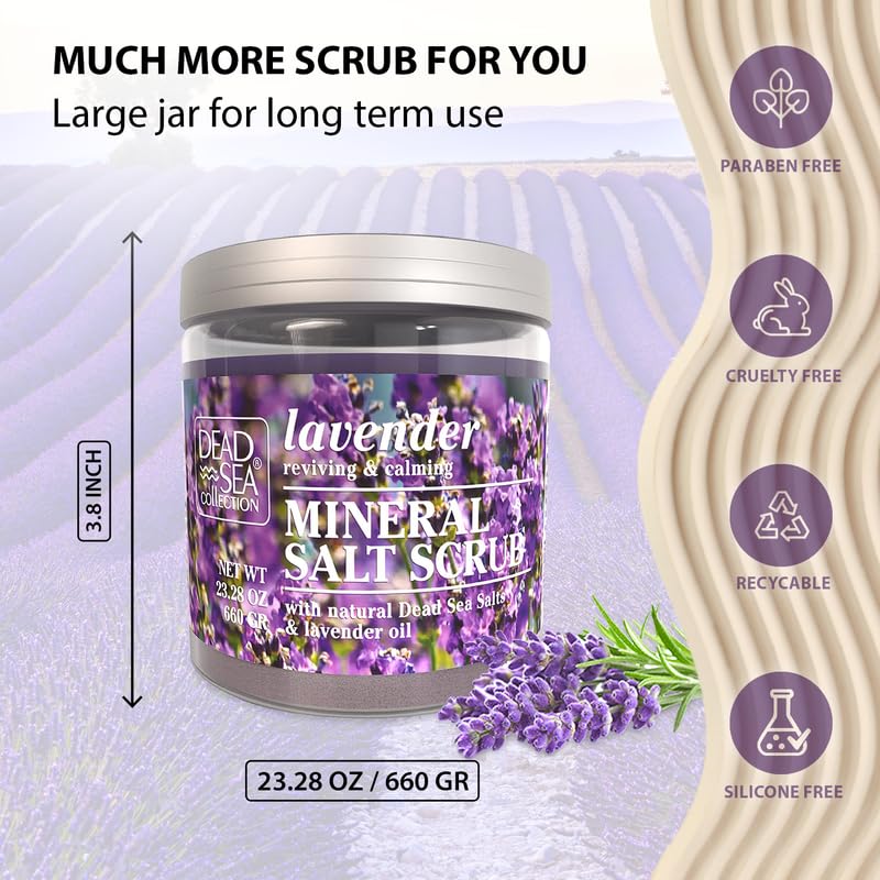 Dead Sea Collection Lavender Salt Scrub natural ingredients list with minerals on label.
