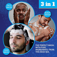 Dead Sea Collection amber wood body wash bottle on shelf highlights masculine scent
