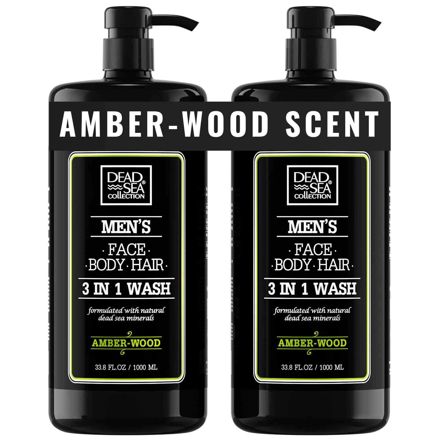 Dead Sea Collection men's body wash amber wood bottle pour shows easy one-hand use