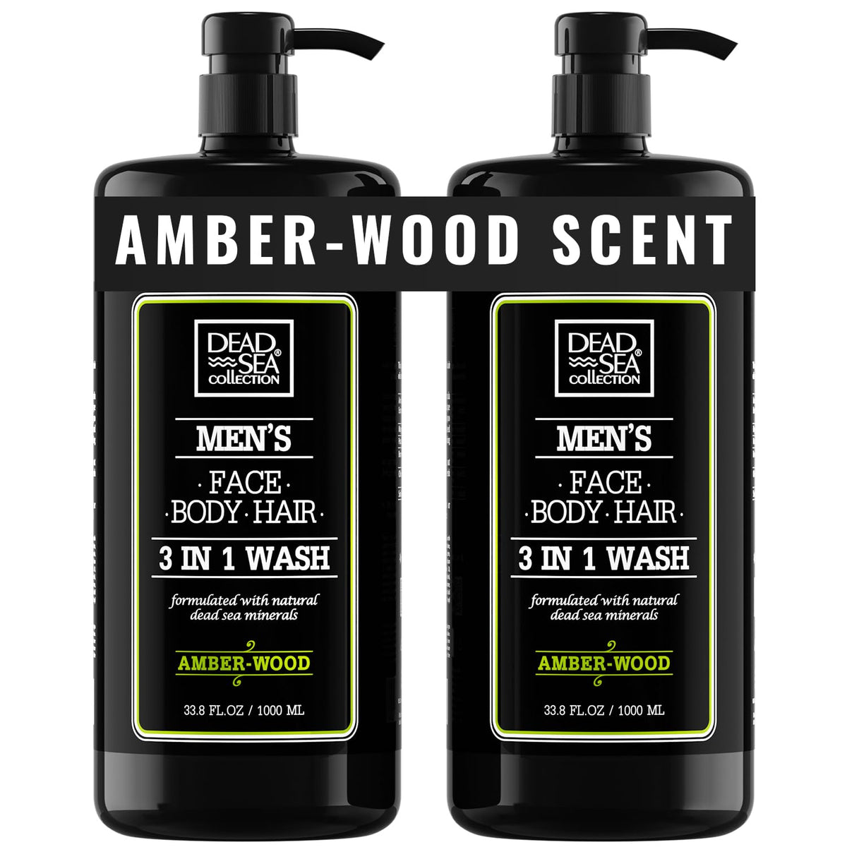 Dead Sea Collection men's body wash amber wood bottle pour shows easy one-hand use