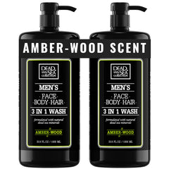 Dead Sea Collection men's body wash amber wood bottle pour shows easy one-hand use
