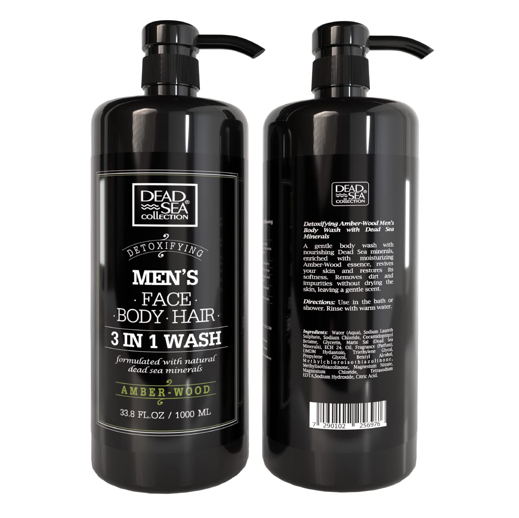 Dead Sea minerals infusion in amber wood body wash provides nourishing cleansing